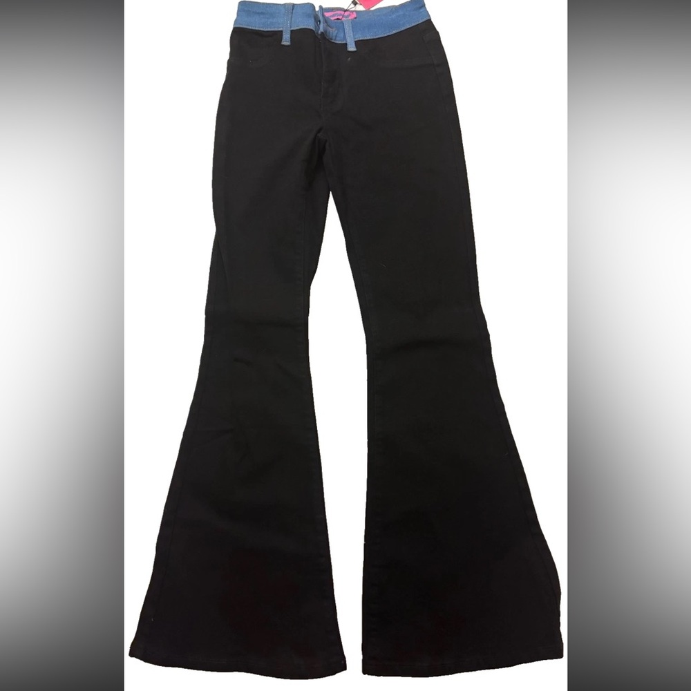 Edikted Black Flare Jeans with Blue Waistband